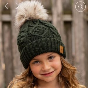 Panache Kids Green  cable knit hat with faux fur pom accent